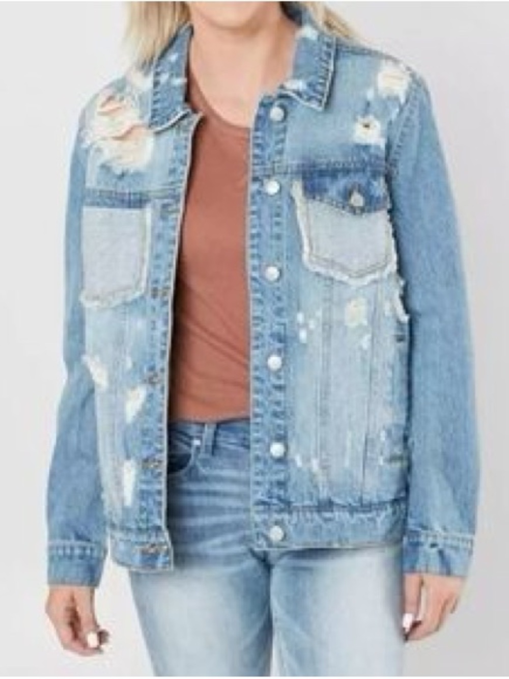 Ashley Vintage Charm Light Wash Distressed Denim Jacket with Patch Details S